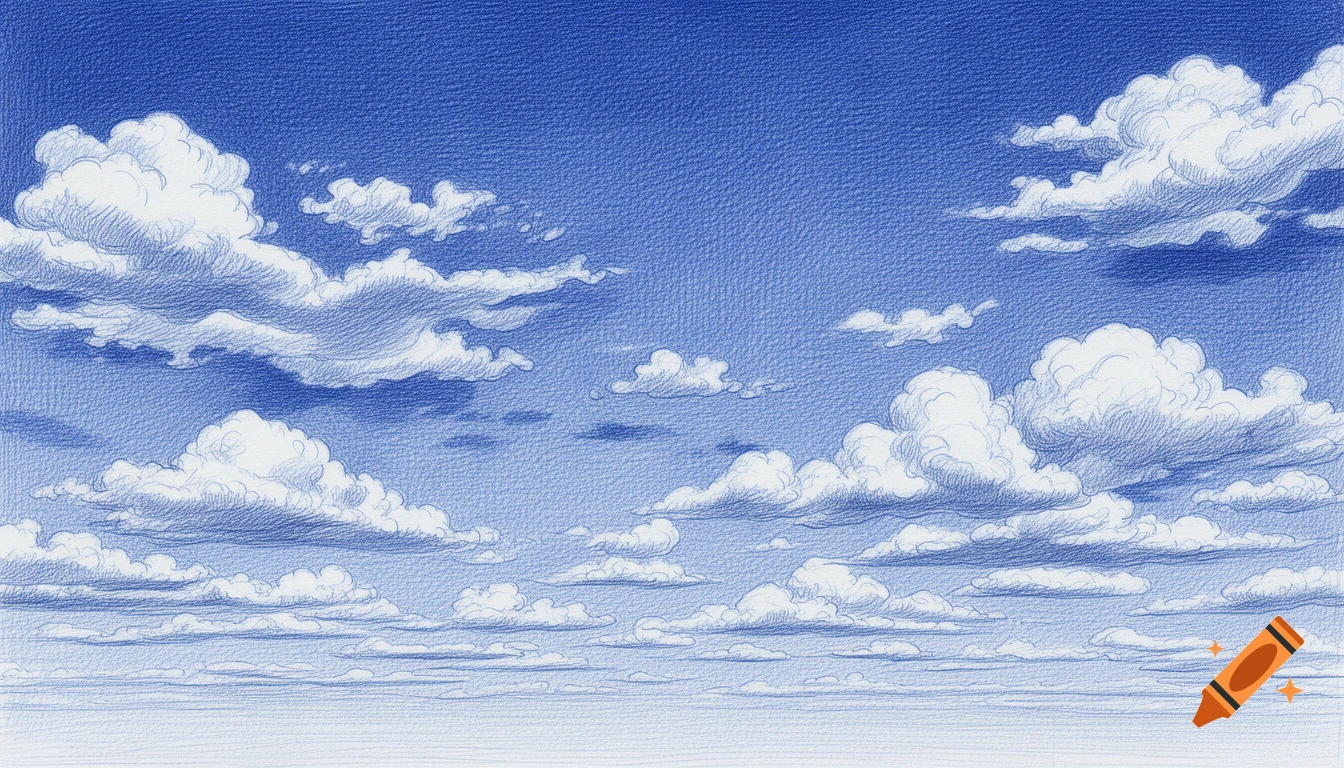 A blue sky filled with white cumulus clouds, rendered in a detailed crosshatch drawing style.