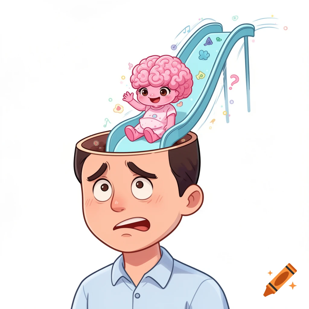 A cartoon man with a worried expression has the top of his head open, revealing a cute, pink, brain-shaped character on a blue slide, waving playfully.