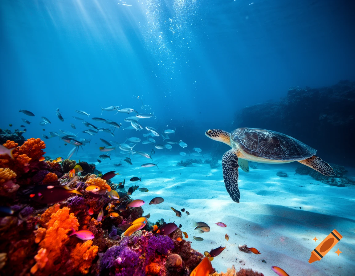 A sea turtle swims over a sandy ocean floor next to vibrant coral and a school of fish in clear blue water.