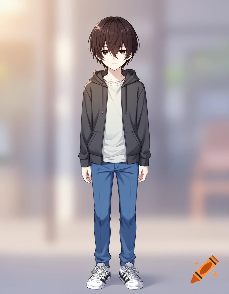 Full-body anime boy with dark brown hair, red eyes, a gray hoodie, blue pants, and white striped tennis shoes.
