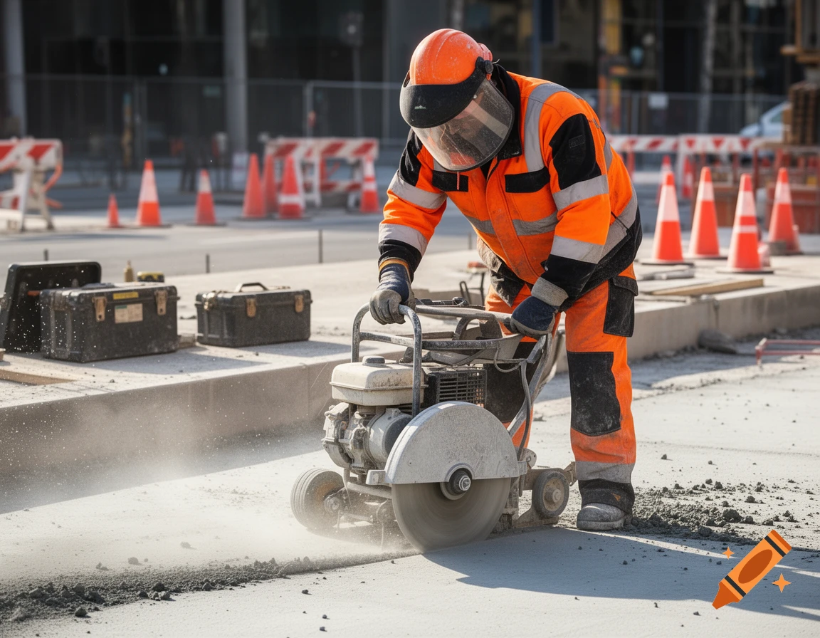 A construction worker in orange and black protective gear uses a cut-off saw to cut concrete on a dusty road construction site.