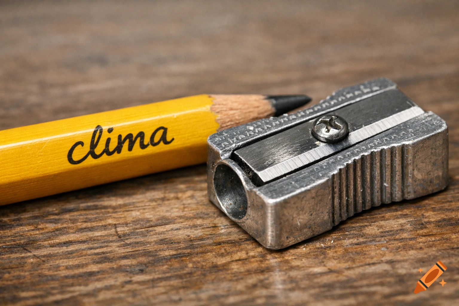 A yellow pencil with the word "clima" written on its side lies next to a silver metal pencil sharpener on a wooden desk.