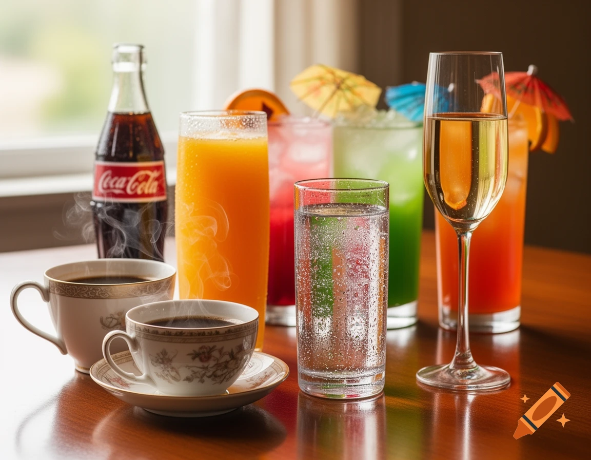 Photorealistic still life featuring various drinks like coffee, cola, orange juice, sparkling water, champagne, and colorful cocktails on a wooden table.