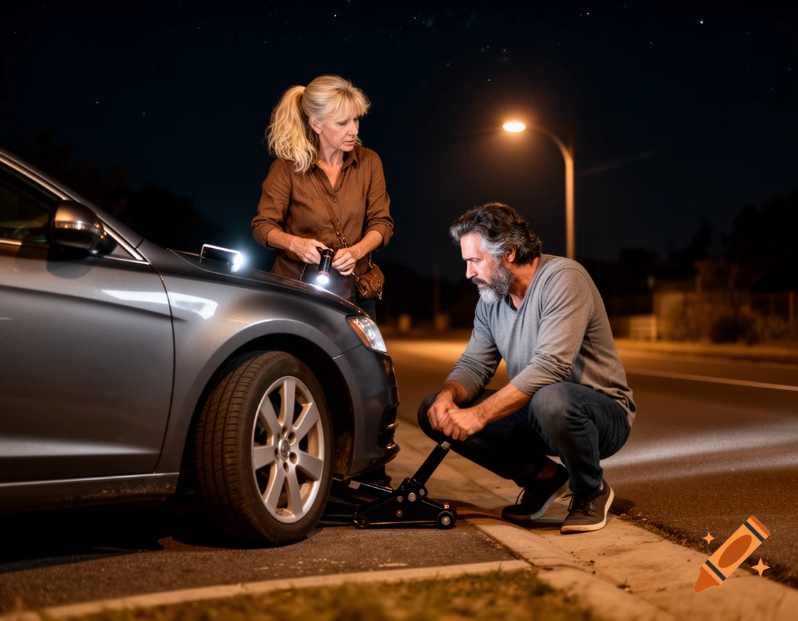 A middle-aged man changes a car tire at night, while a woman holds a flashlight and her phone for light, both looking worried.