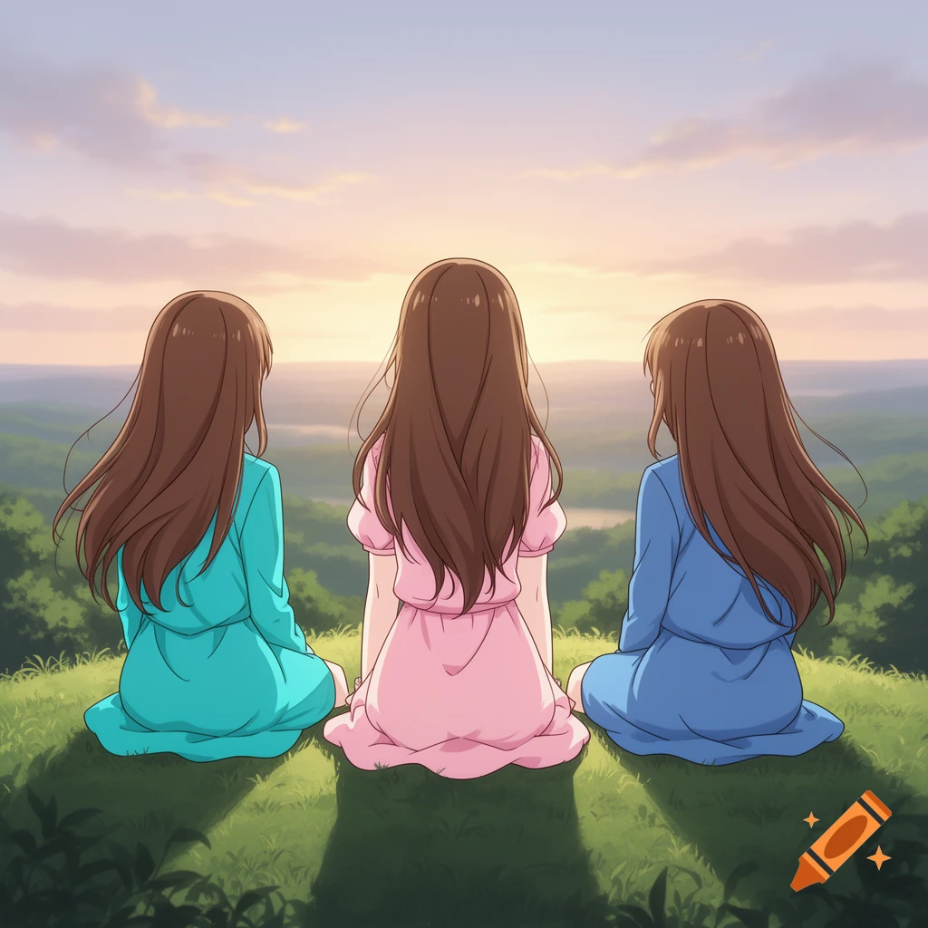 Three anime girls with long brown hair sit on a grassy hill, looking at a sunset over rolling hills.