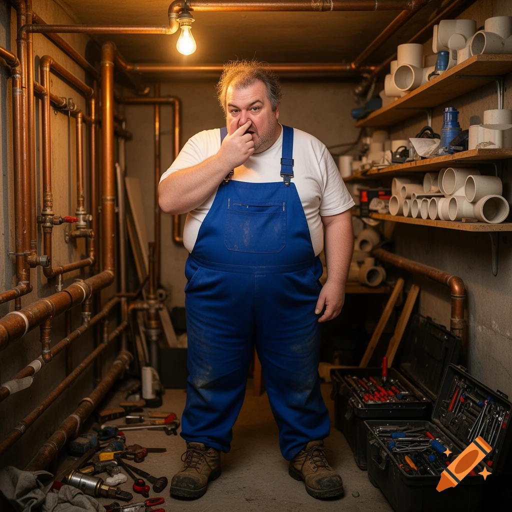A portly plumber in blue overalls picks his nose in a messy basement with copper pipes and shelves of supplies.