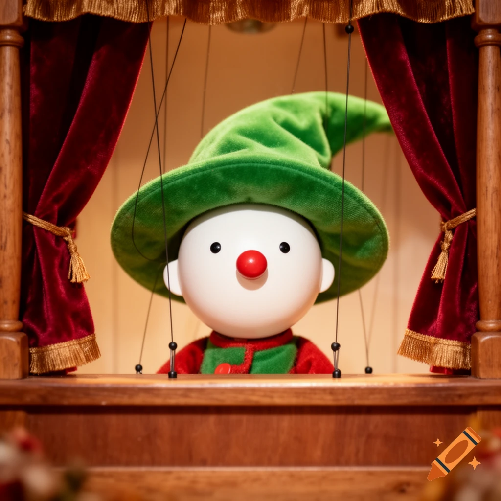 A white puppet with a red nose and green hat on a wooden stage with red velvet curtains.