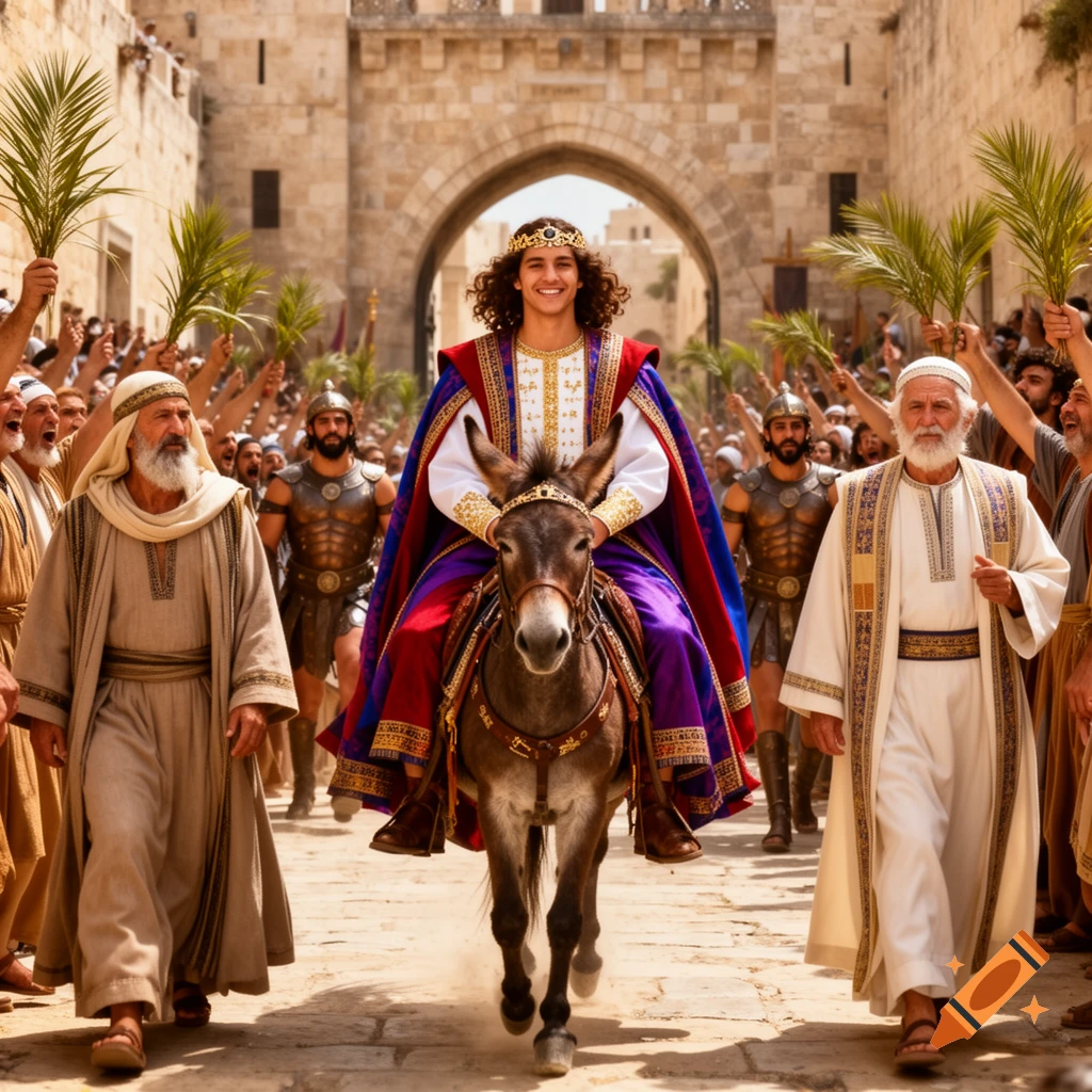 A young king on a donkey enters an ancient city gate, celebrated by a crowd waving palm leaves. Photorealistic style.