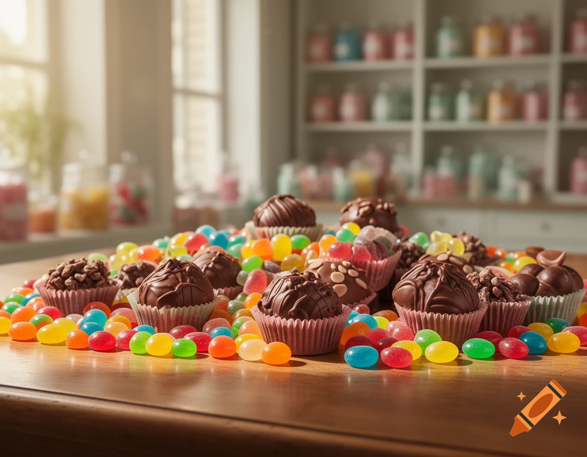 A close-up shot of a large pile of assorted chocolates and colorful jelly beans on a wooden table, in a candy store.