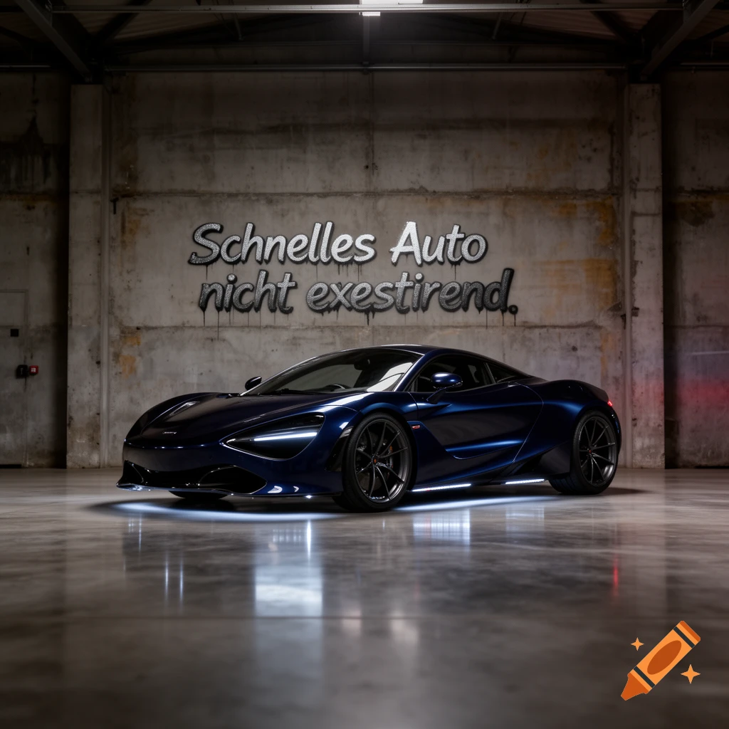 A sleek blue McLaren sports car with white underglow lights in a dark concrete garage, with graffiti on the wall.