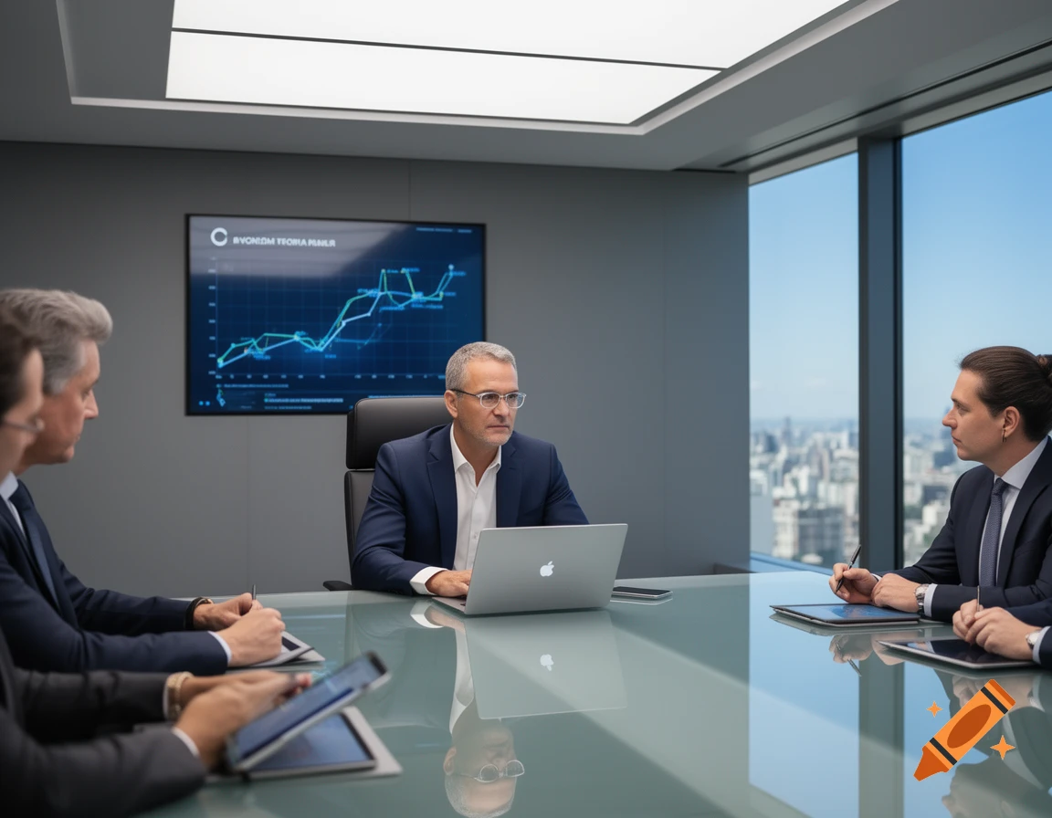 Four business professionals in suits hold a meeting at a long glass table in a modern office with city views, a large screen showing a graph in the background.