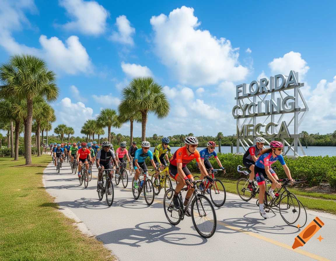 Group of cyclists riding on a paved path lined with palm trees under a sunny sky, passing a large 'FLORIDA CYCLING MECCA' sign.