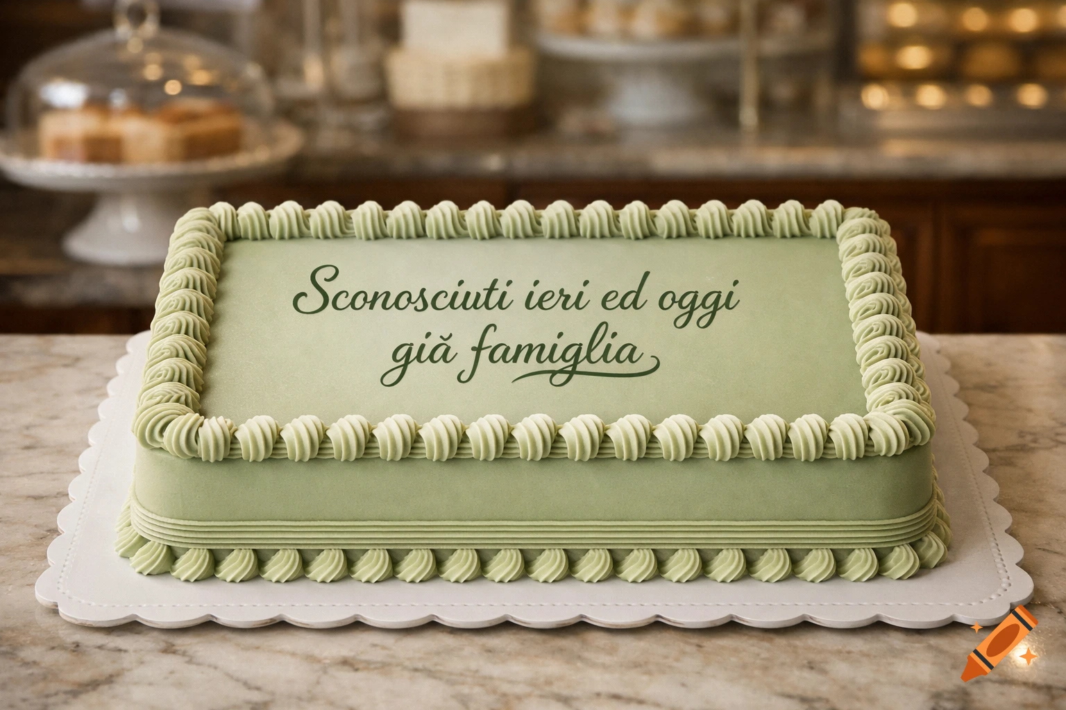 An elegant rectangular sage green cake with light green piped icing decoration and the phrase 'Sconosciuti ieri ed oggi già famiglia' written on top.
