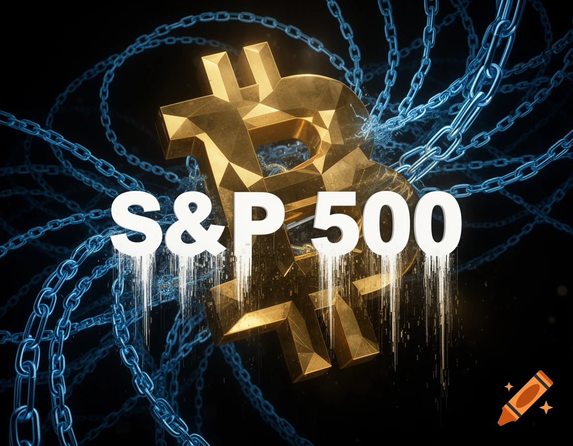 A golden, polygonal Bitcoin symbol partially obscured by blue chains, with white "S&P 500" text featuring a glitch effect on a dark background.