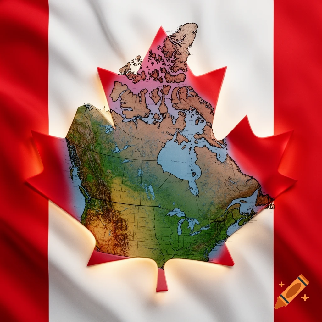 A detailed topographic map of Canada superimposed on a red maple leaf, set against the backdrop of a waving Canadian flag.