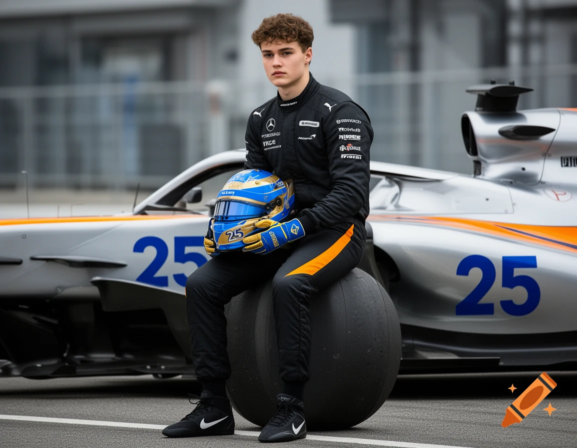 A young F1 driver in a black racing suit and gloves sits on a large tire, holding a blue and gold helmet with the number 25. A silver McLaren race car with orange stripes and the number 25 is behind him.