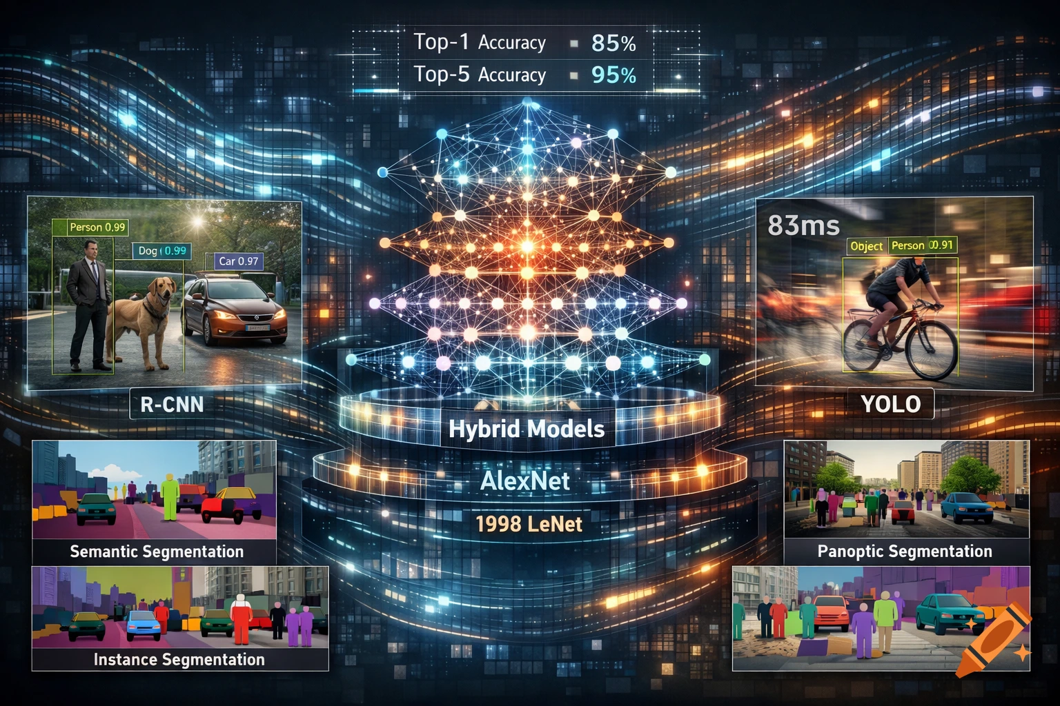 An infographic illustrating AI vision models, including R-CNN, YOLO, and various segmentation methods, with accuracy metrics and neural network visuals.