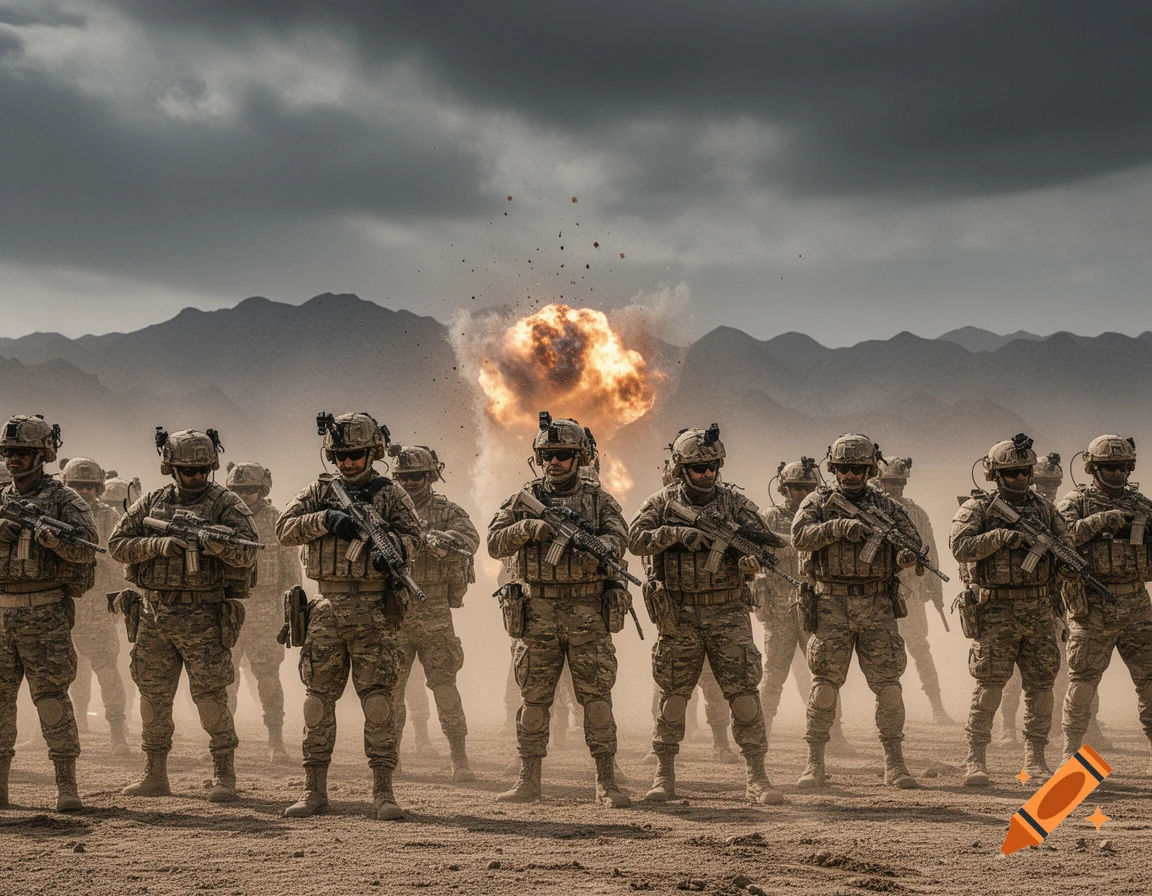 Photorealistic image of soldiers in combat gear standing in a sandy desert with an explosion behind them and mountains in the distance under a cloudy sky.