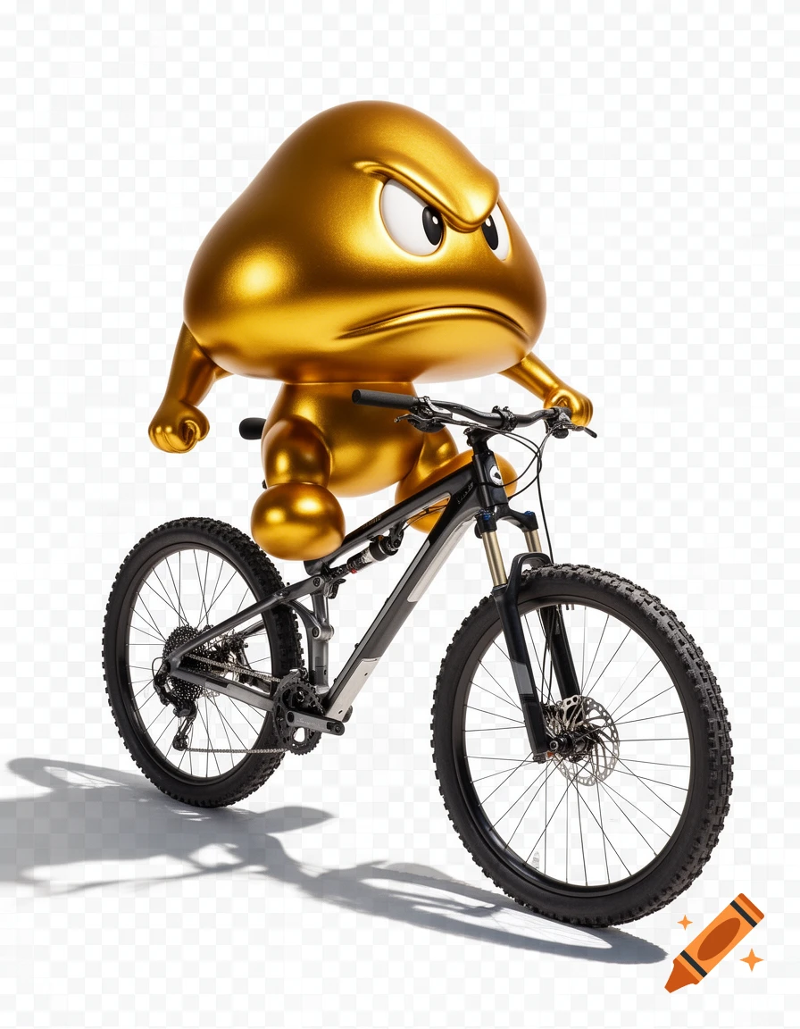 A golden, angry-faced Goomba-like character rides a mountain bike on a transparent background, 3D render.