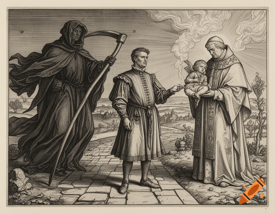 Monochrome Durer-style engraving. Death with a scythe stands left, a man in period clothes in the center, and a robed figure holding a winged child on the right, all in a landscape.