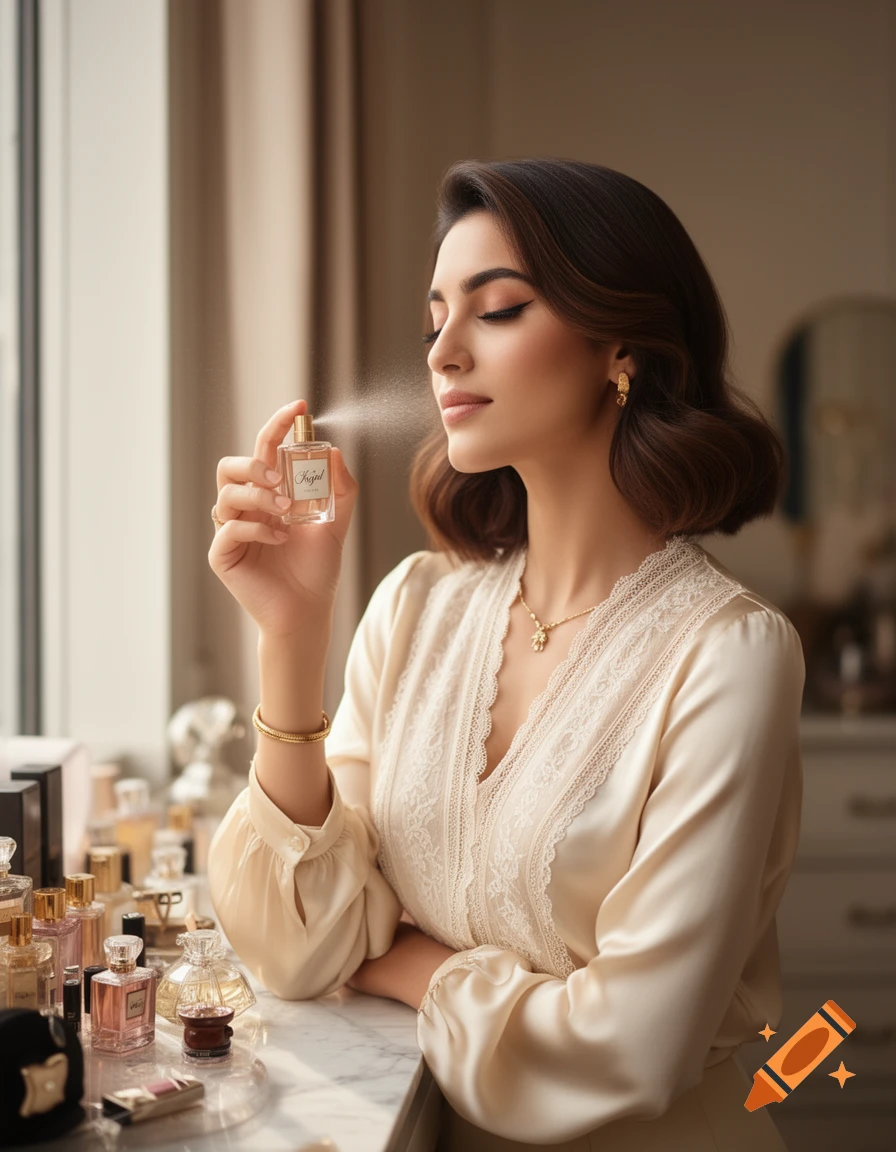 A woman with dark hair and a cream lace blouse sprays 'Kajal' perfume, with other bottles on a marble vanity in a soft-lit room.