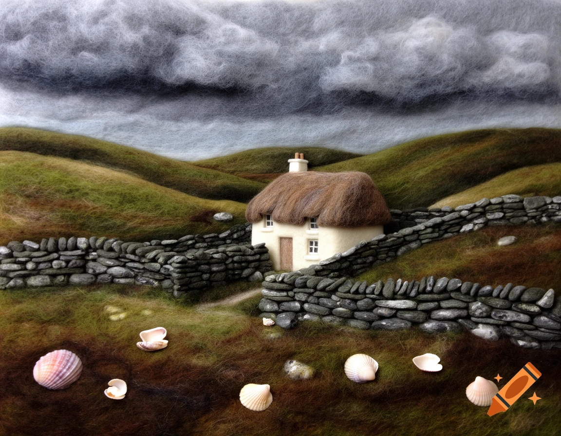 A felted needle art image of an Irish landscape with a thatched cottage, stone walls, rolling green hills, a cloudy sky, and scattered seashells.
