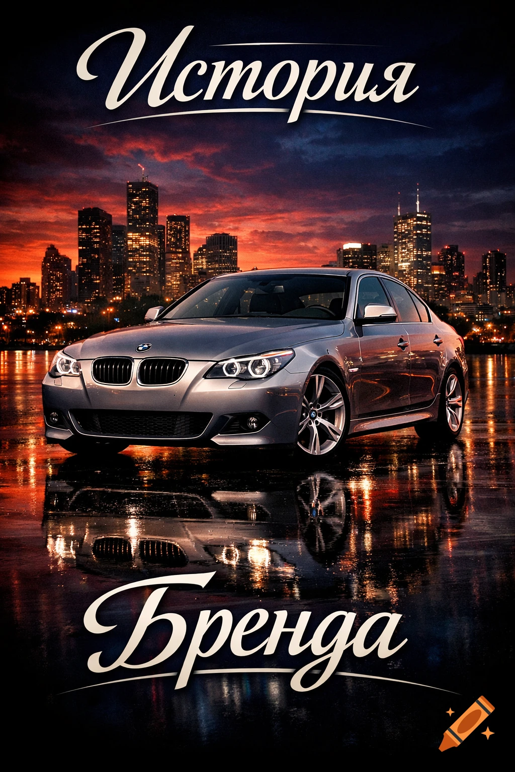 A silver BMW E60 sedan parked on a wet street with a city skyline at sunset in the background, text 'История Бренда' on a poster.