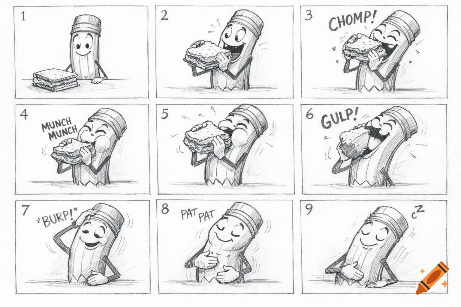 A 9-panel pencil sketch storyboard shows a happy anthropomorphic pencil eating a large sandwich in various stages, from first bite to being full and sleepy. Text includes 'CHOMP!', 'MUNCH MUNCH', 'GULP!', '*BURP!', 'PAT PAT', and 'z', along with panel numbers 1-9.