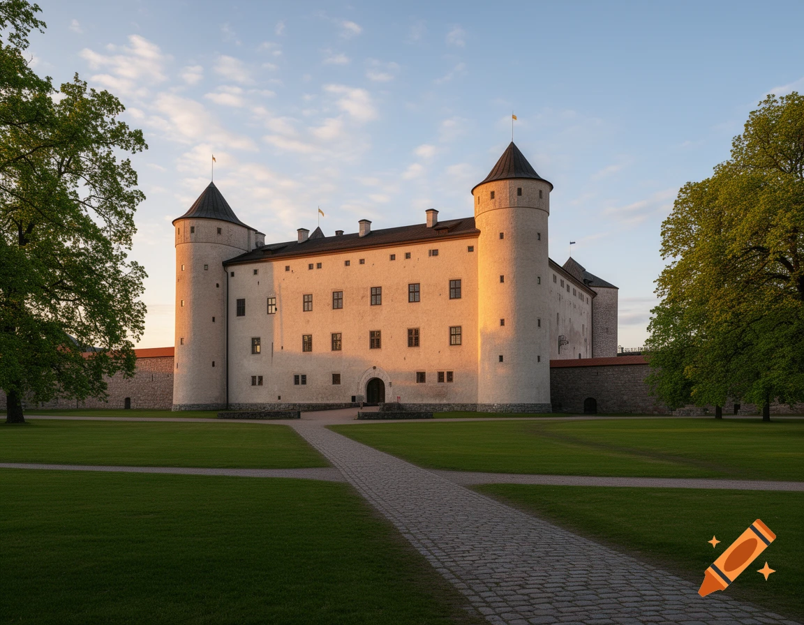 A large, light-colored castle with two round towers and a dark roof stands on green lawns, illuminated by soft sunset light.