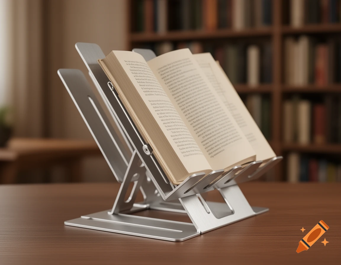 A silver portable bookstand holds an open book on a wooden desk, with blurred bookshelves in the background.