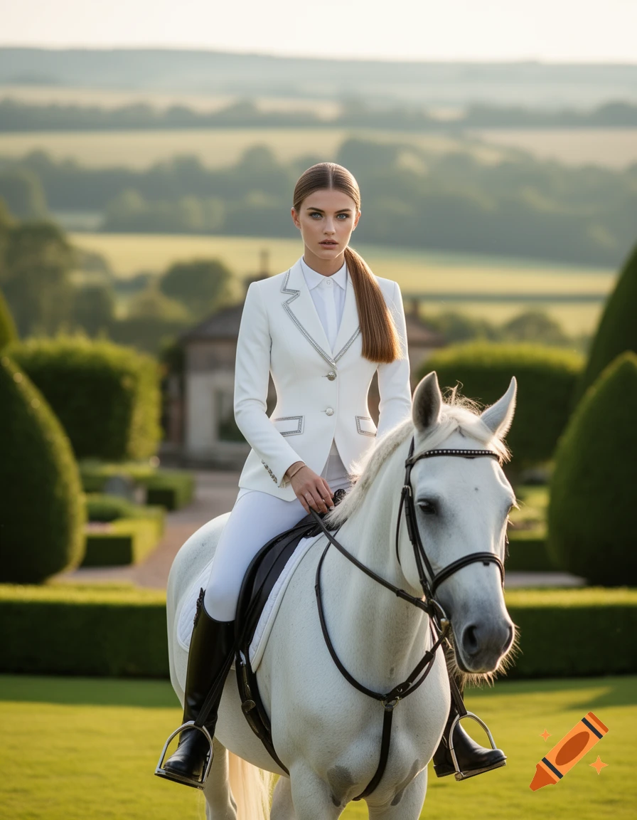 A photorealistic image of a beautiful woman in a white equestrian outfit riding a white horse in an elegant garden setting with rolling hills.