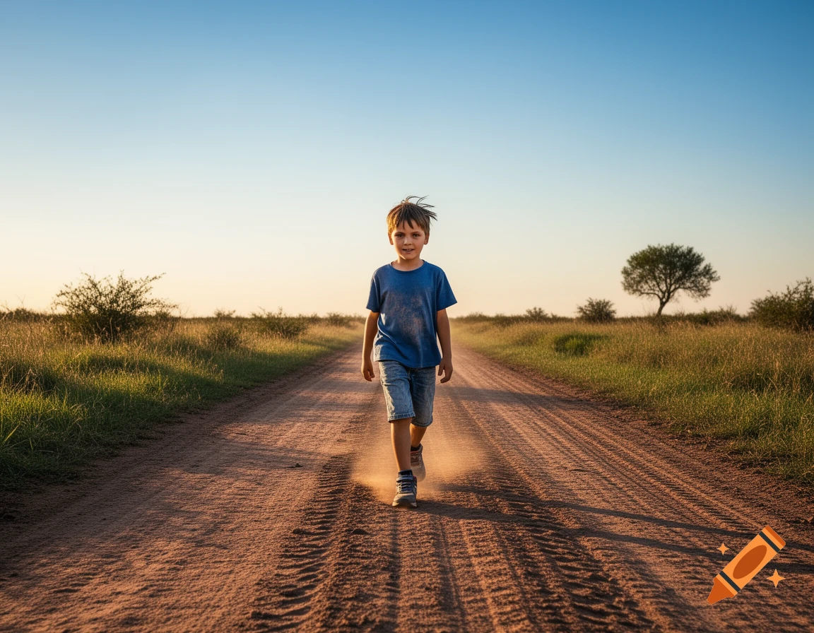 A young boy walks down a dusty dirt road lined with fields and sparse trees, bathed in the warm light of sunset.