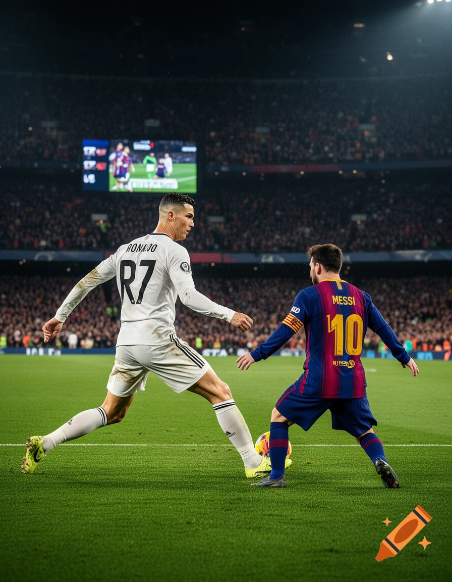 Photorealistic image of soccer players Ronaldo (white jersey, R7) and Messi (blue/red jersey, 10) facing off on a green field in a stadium.
