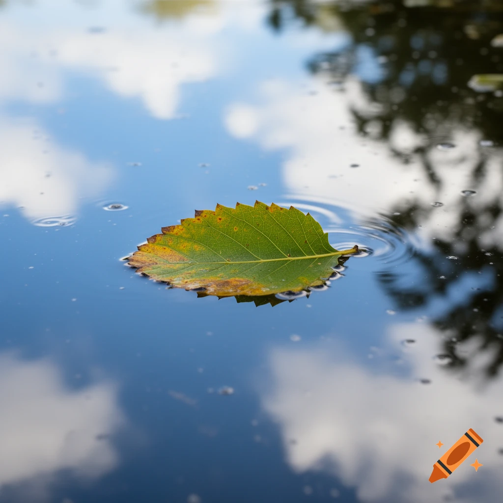 A green and yellow leaf floats on calm blue water, reflecting white clouds and dark trees, in a photorealistic style.