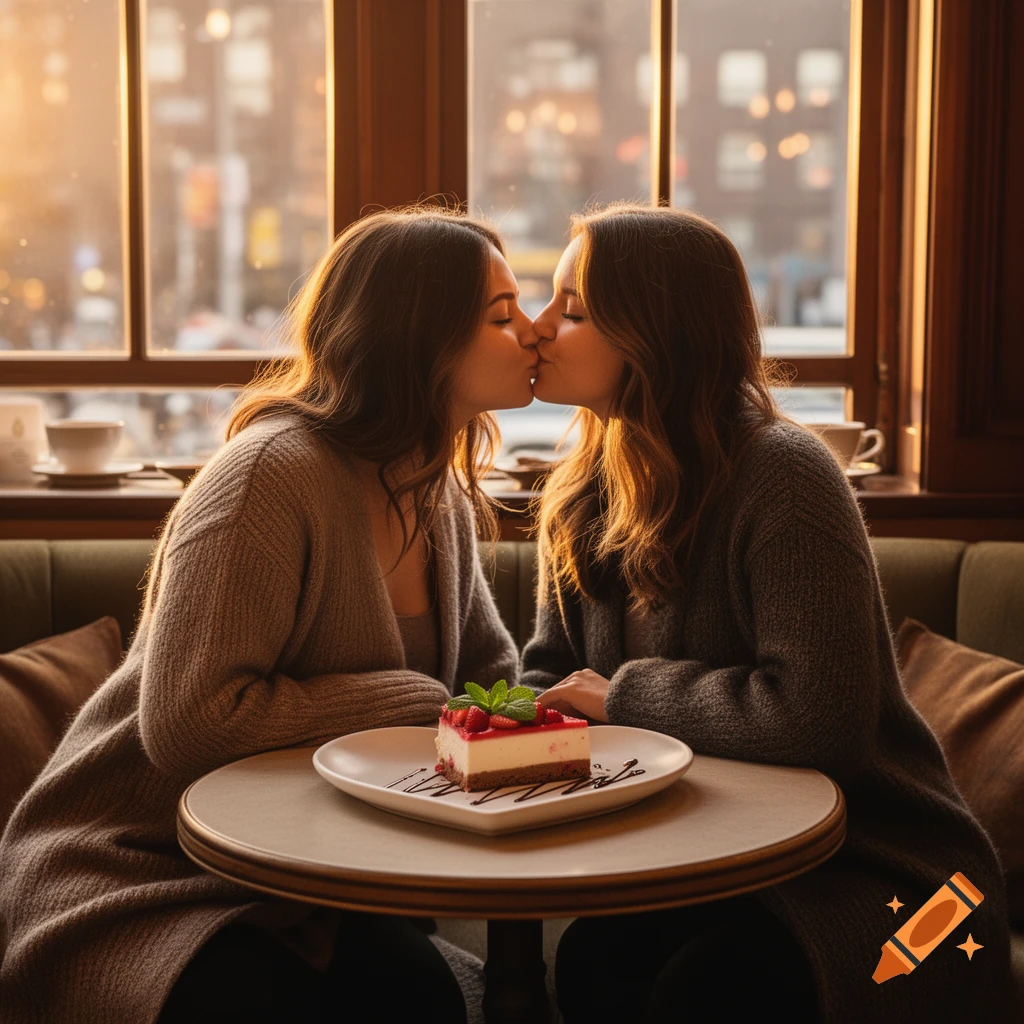 Two women kiss in a cafe, a slice of cake on the table, with warm sunlight streaming through a window.