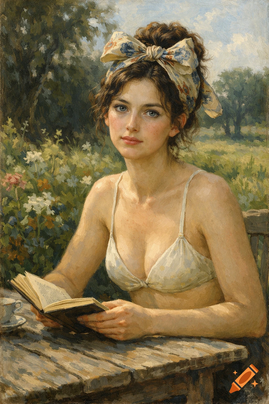 Oil painting of a young woman with a headscarf and bikini top, reading a book at a wooden table in a sunny garden.