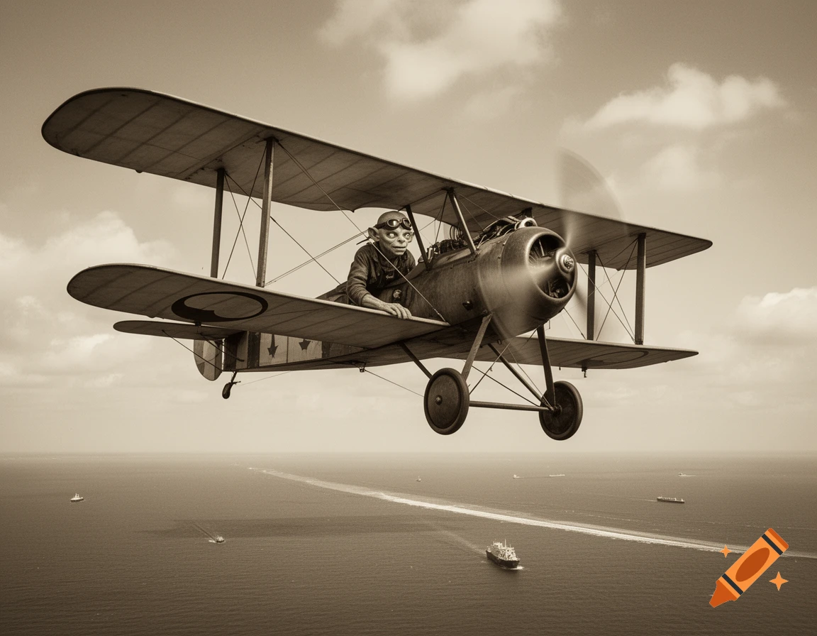 A sepia-toned image of Gollum piloting a vintage biplane over a vast ocean with ships below, under a cloudy sky.