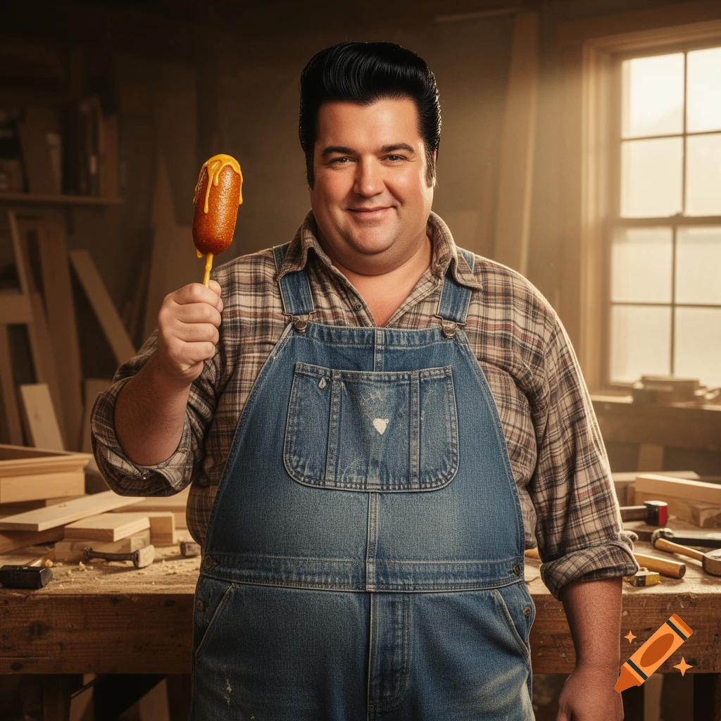 A fat man with black greased hair, wearing a plaid shirt and denim overalls, smiles while holding a corn dog with mustard in a woodworking workshop.