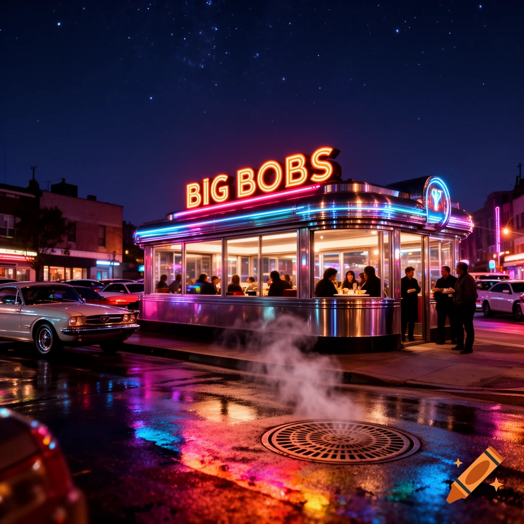 A neon-lit retro diner at night, with classic cars on the wet street reflecting colorful lights, and people inside and outside.