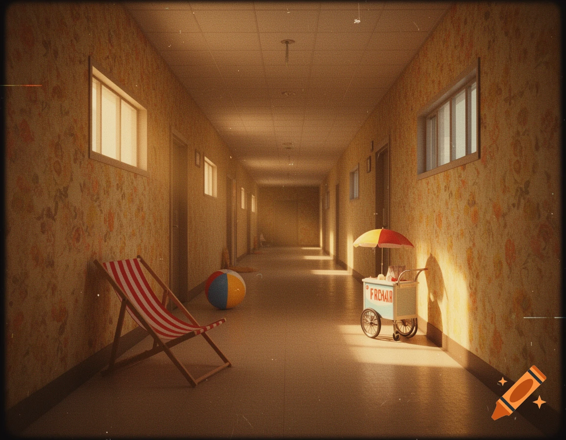 A dimly lit, vintage-style hallway with floral wallpaper, a red and white striped beach chair, a beach ball, and an ice cream cart with an umbrella.