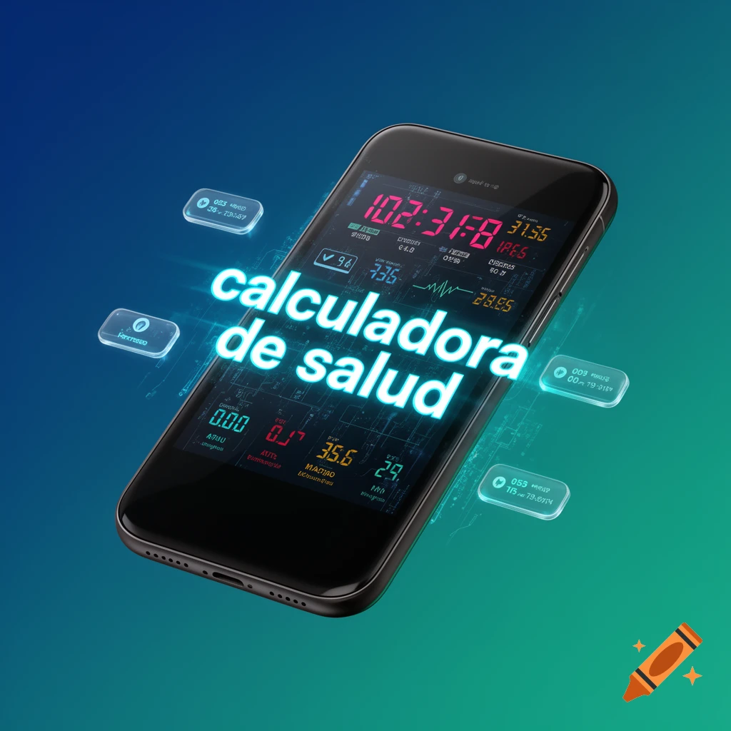 A smartphone screen displaying a health calculator app with glowing text that reads "calculadora de salud" in Spanish, surrounded by various data points and floating holographic elements on a blue to green gradient background.