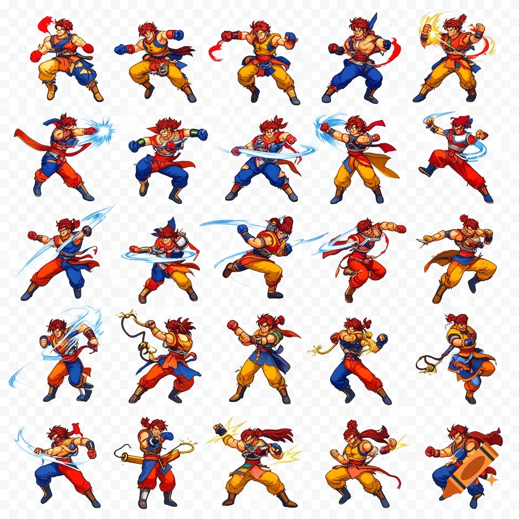 A grid of 25 pixel art sprites of a male fighter with red hair and a ponytail in various martial arts poses, on a transparent background.