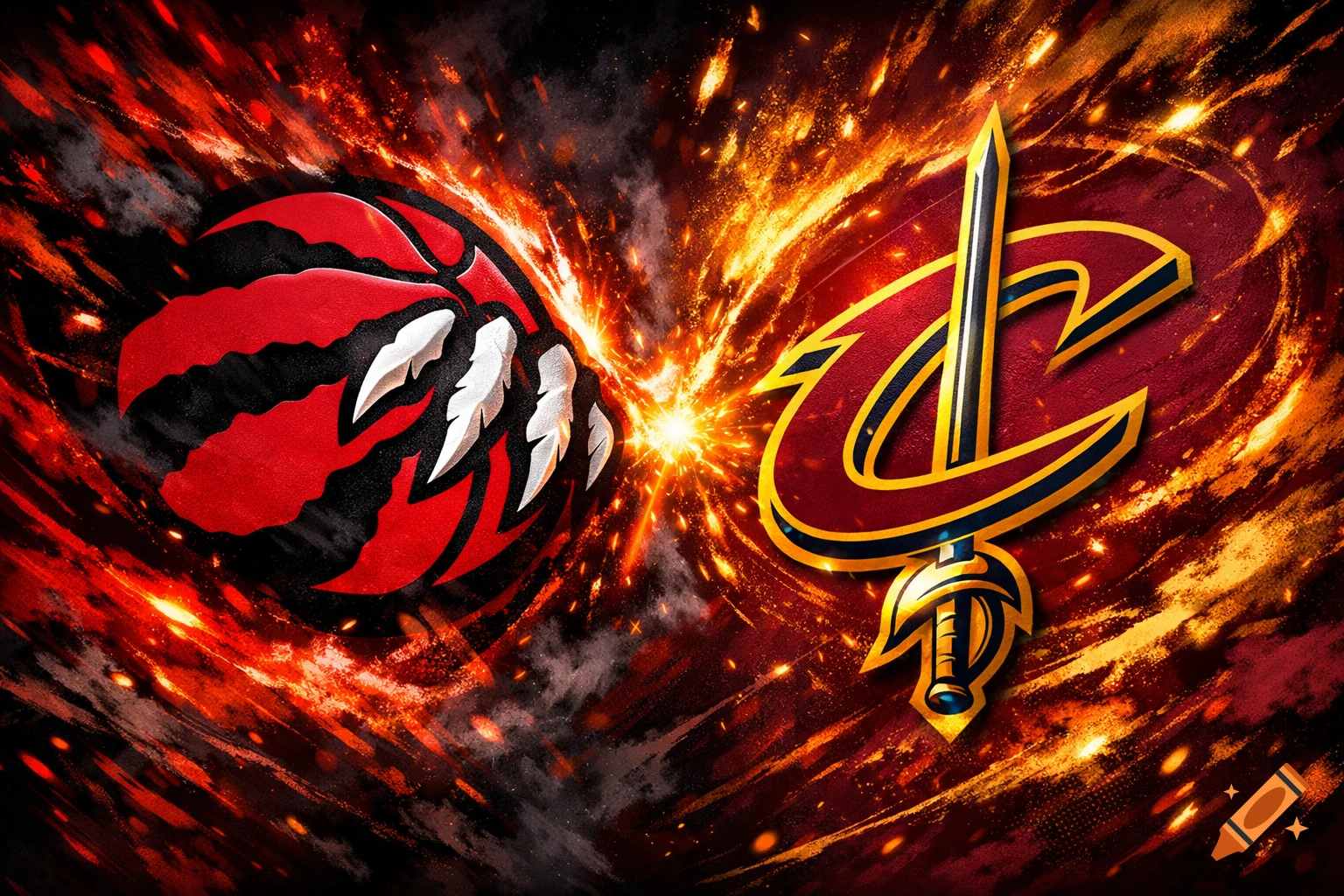 The Toronto Raptors logo, a clawed basketball, clashes with the Cleveland Cavaliers logo, a sword through a 'C', amidst fiery effects.