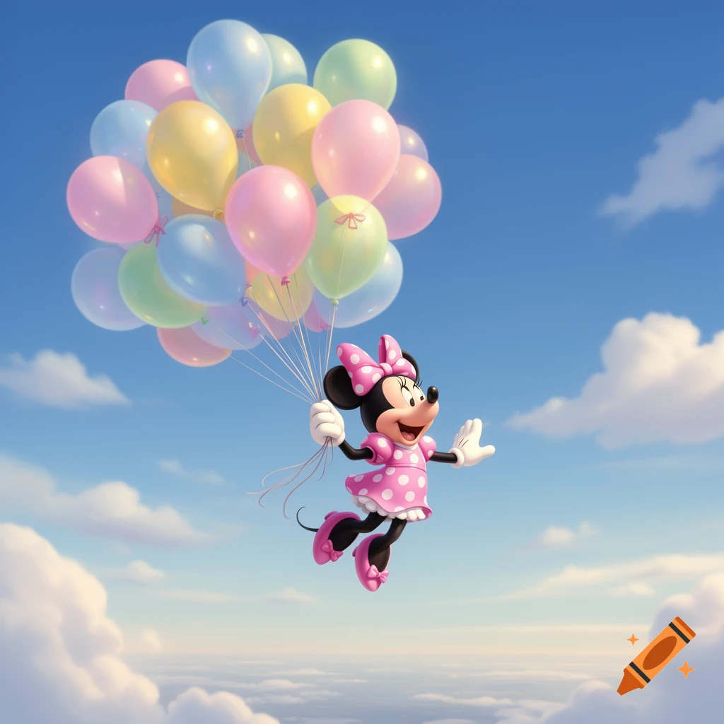 Minnie Mouse in a pink polka-dot dress flies through a clear blue sky, holding a large bunch of colorful balloons above white clouds.