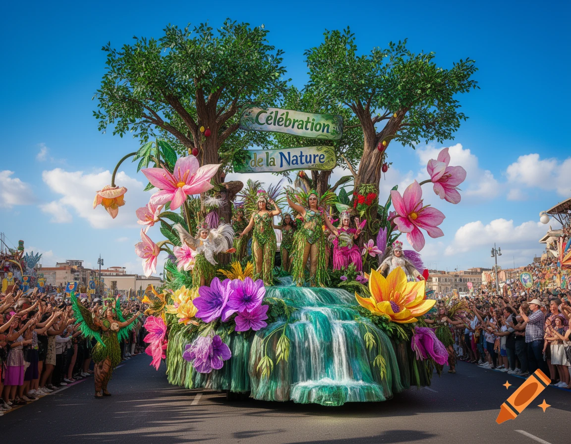 A vibrant carnival float, themed 'Celebration of Nature', with figures in leaf costumes, large flowers, trees, and a waterfall, passing a cheering crowd.