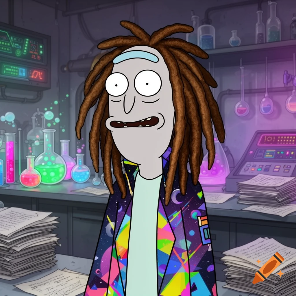 A light-skinned Rick and Morty character with brown dreadlocks and a colorful geometric jacket stands in a futuristic laboratory.