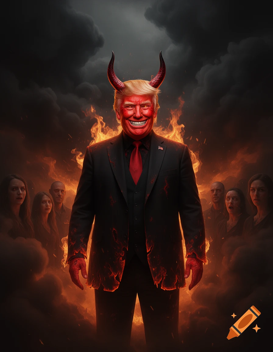 Donald Trump depicted as a red-skinned devil with horns and sharp teeth, wearing a black suit, surrounded by flames and shadowy figures.