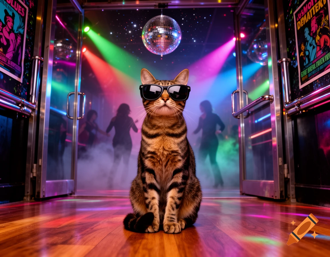 A photorealistic tabby cat wearing sunglasses sits on a disco floor with colorful lights and dancing silhouettes in the background.