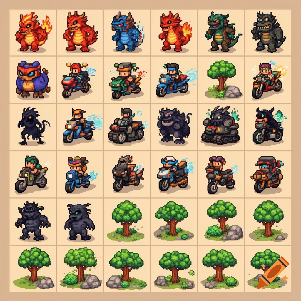 A pixel art sprite atlas featuring a grid of fantasy dragons, monsters, characters on motorcycles, and nature elements like trees and rocks.