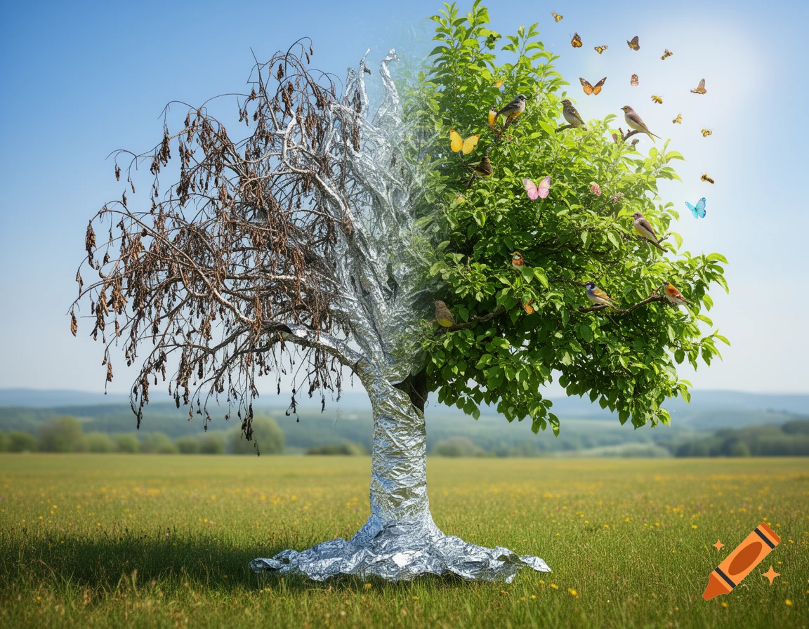 Photorealistic tree, half withered and foil-wrapped, half vibrant green with birds and butterflies, in a sunny field.